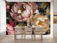 Papier peint panoramique botanique de jardin de pivoines rose poudré et crème