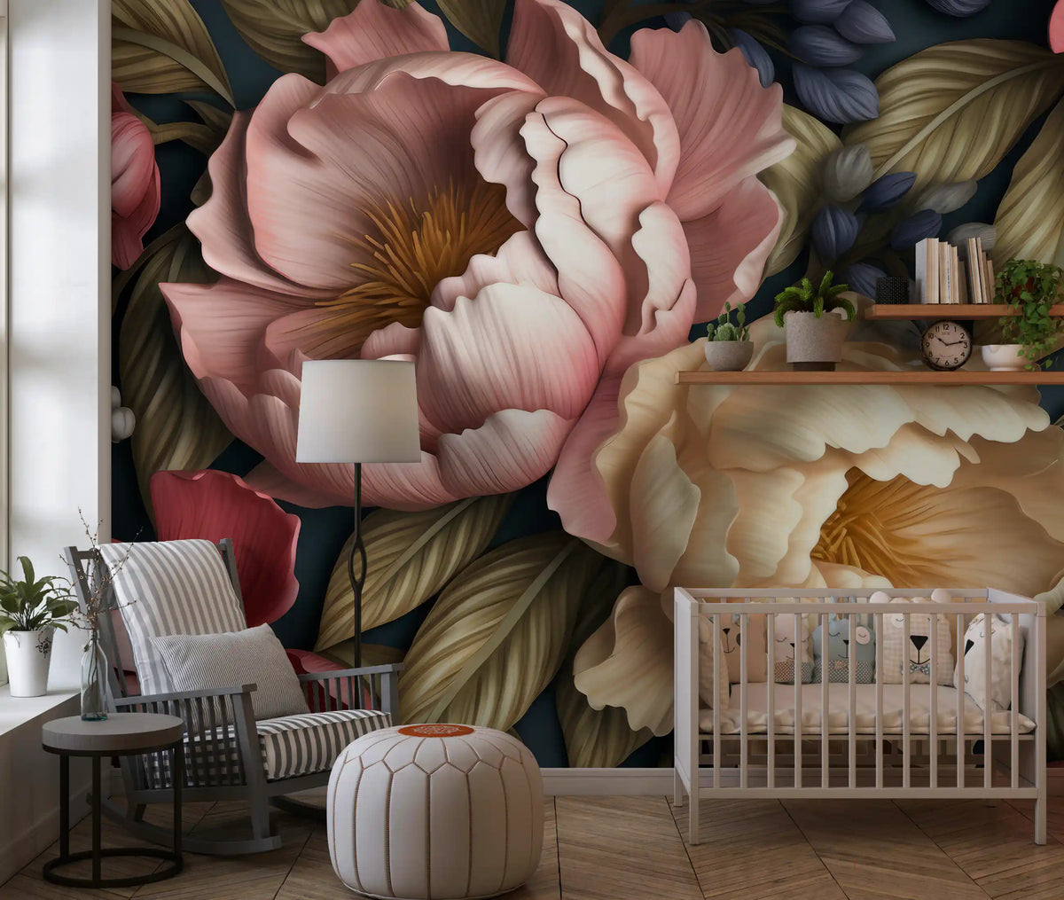 Papier peint panoramique botanique de jardin de pivoines rose poudré et crème