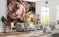 Papier peint panoramique botanique de jardin de pivoines rose poudré et crème