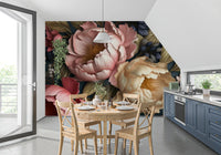 Papier peint panoramique botanique de jardin de pivoines rose poudré et crème