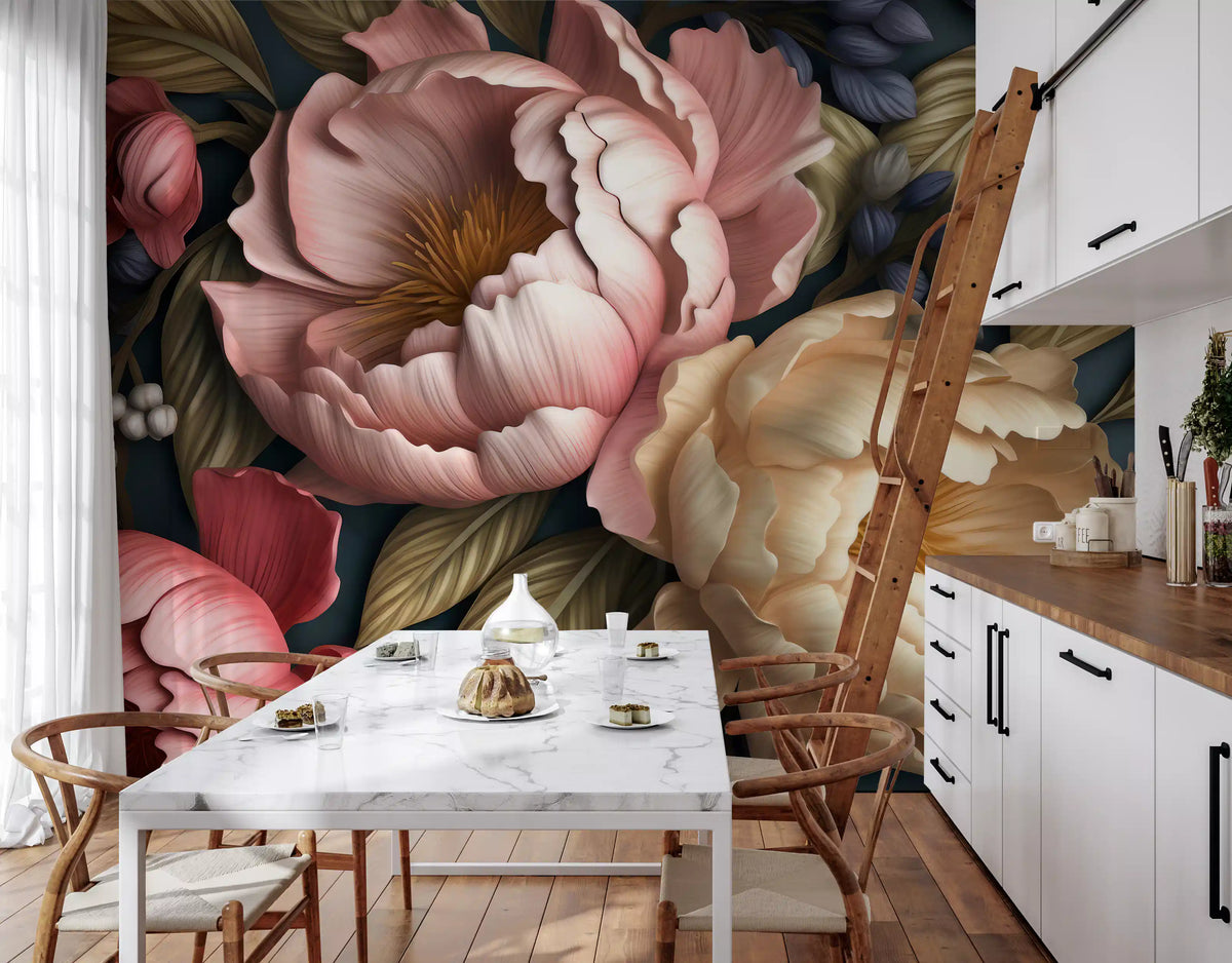 Papier peint panoramique botanique de jardin de pivoines rose poudré et crème