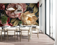 Papier peint panoramique botanique de jardin de pivoines rose poudré et crème