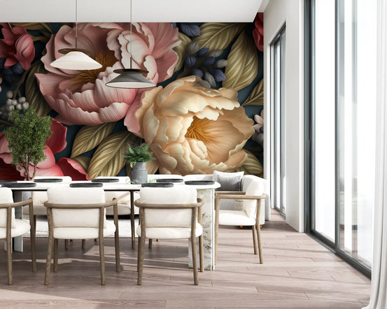 Papier peint panoramique botanique de jardin de pivoines rose poudré et crème
