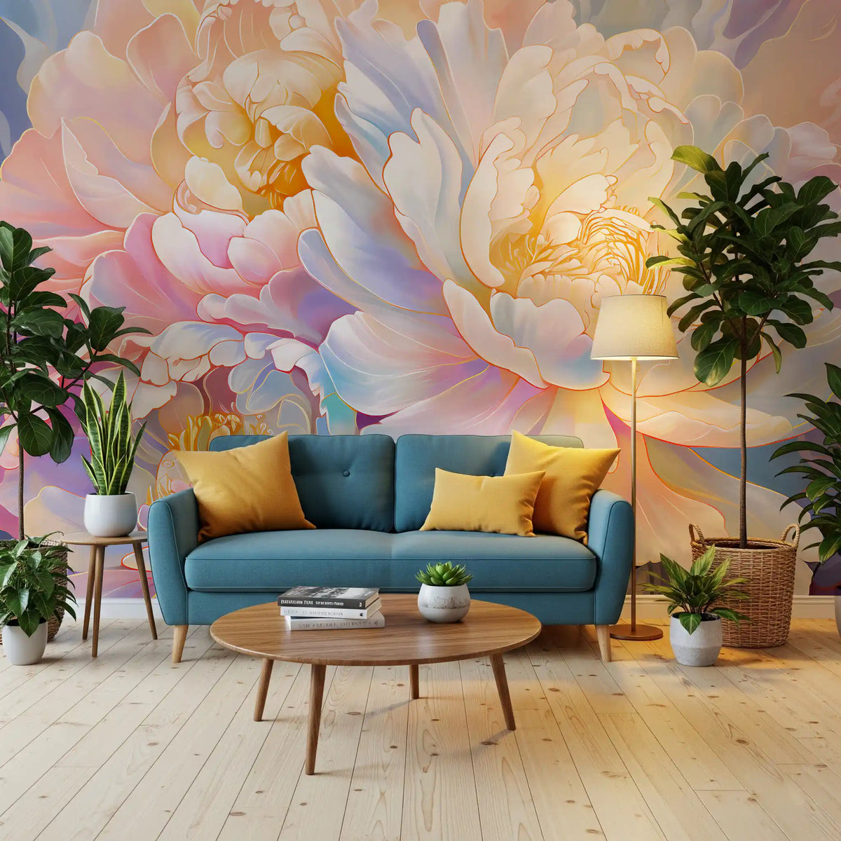 Fototapet mural cu flori de bujor pastelat, eteric