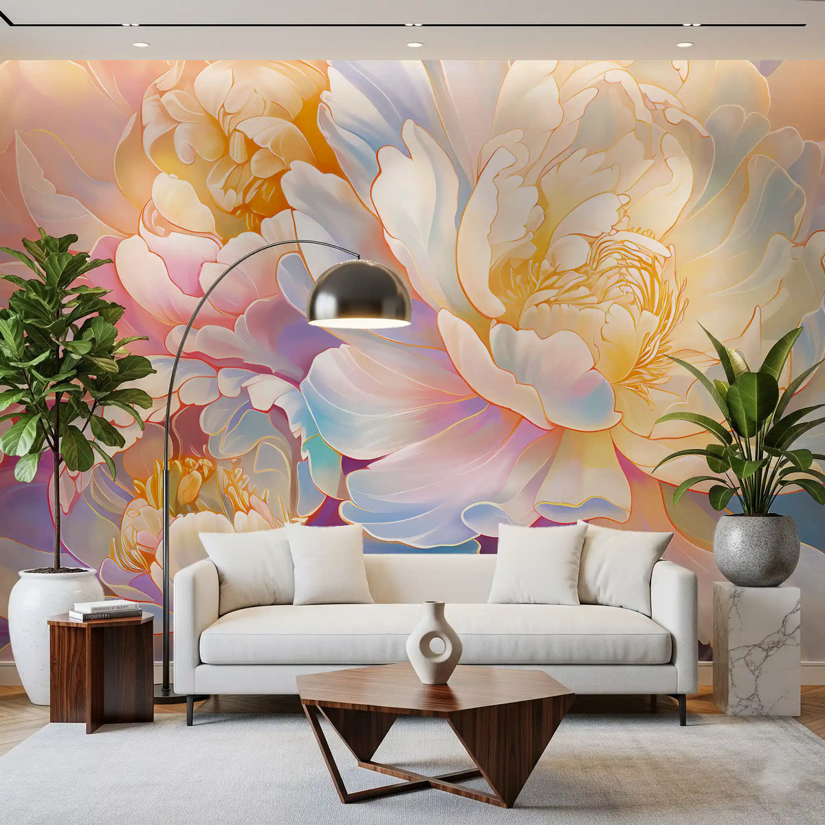 Fototapet mural cu flori de bujor pastelat, eteric