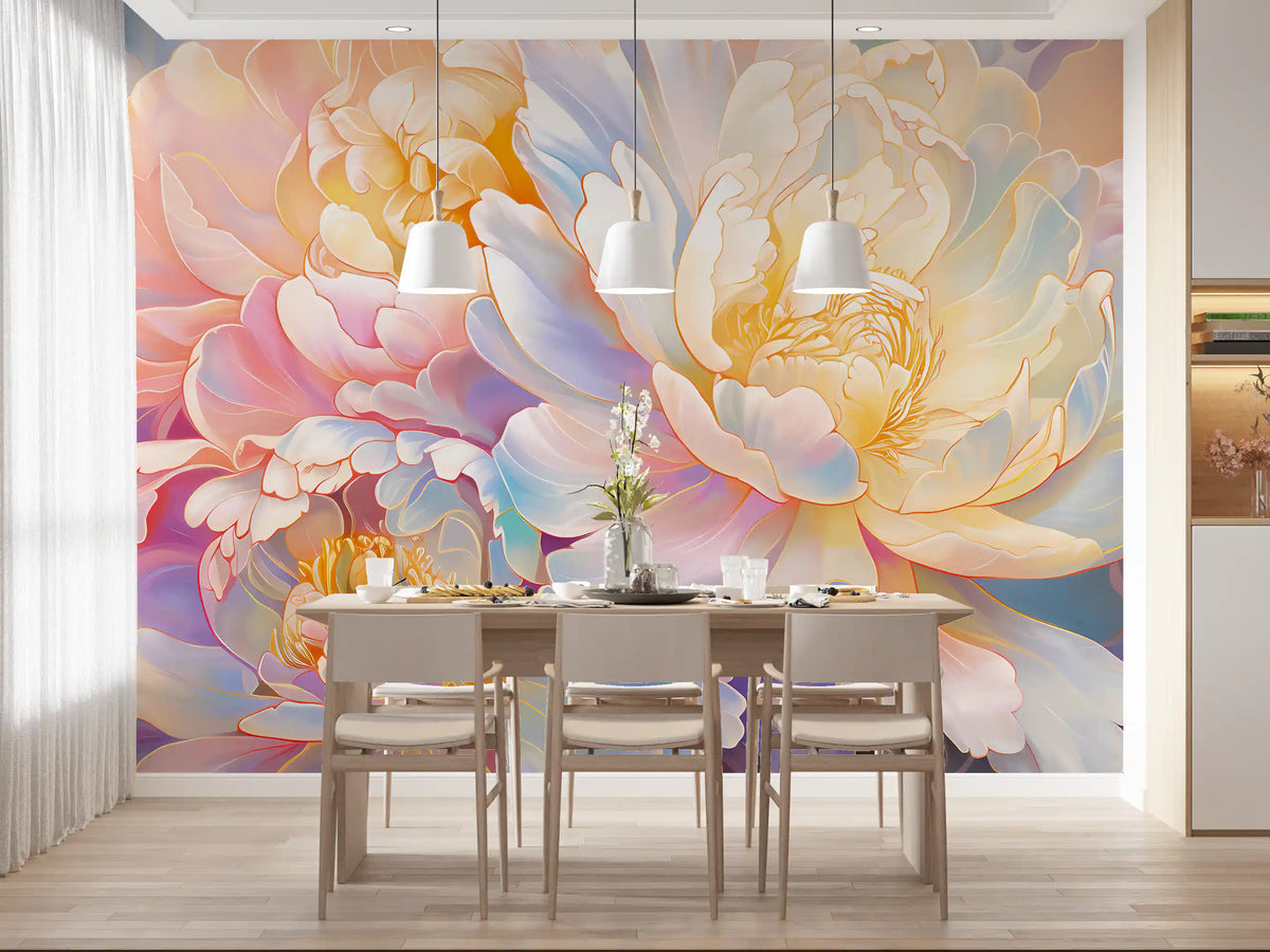 Fototapet mural cu flori de bujor pastelat, eteric