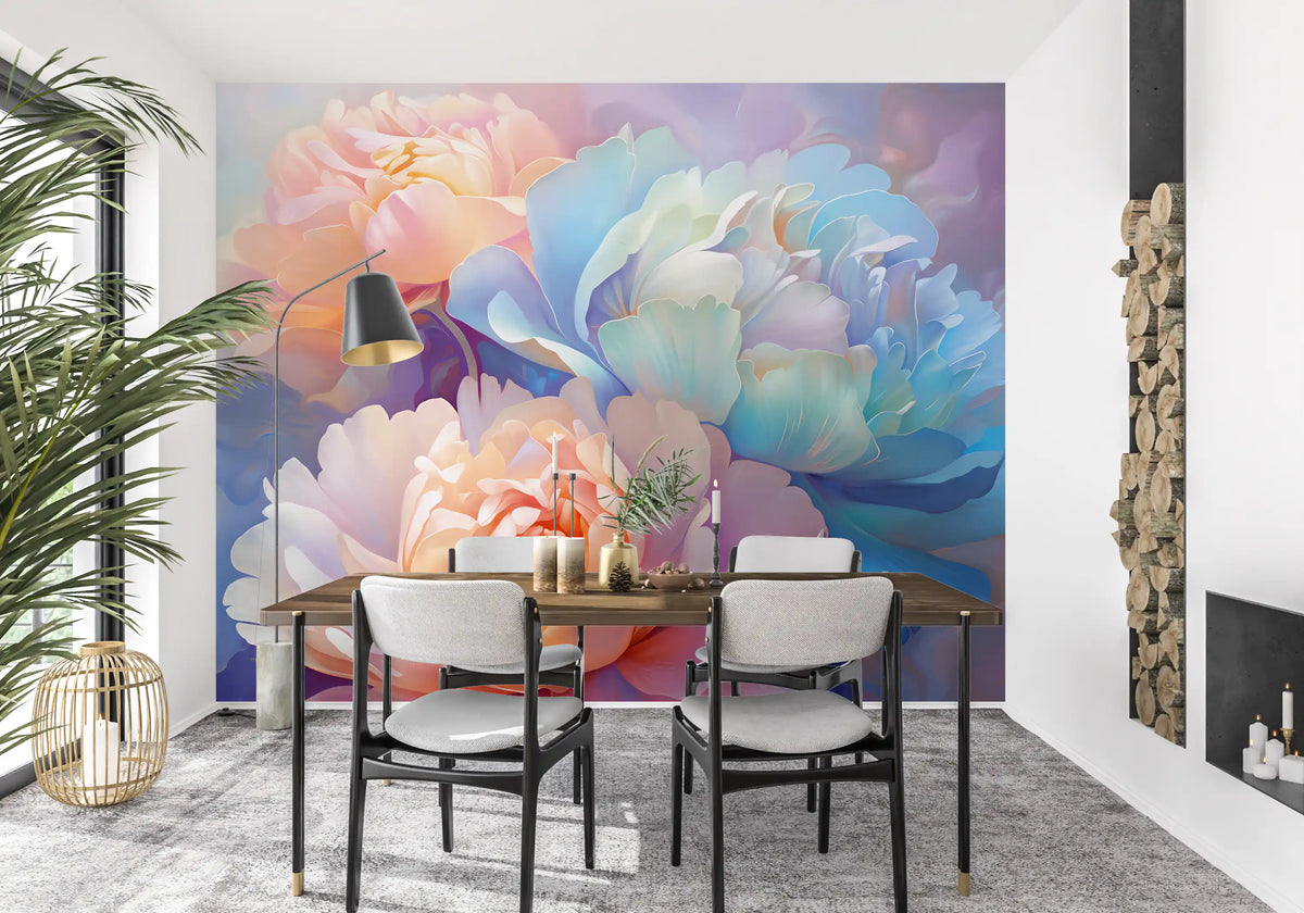 Wandgemälde mit pastellfarbenen Pfingstrosenblüten