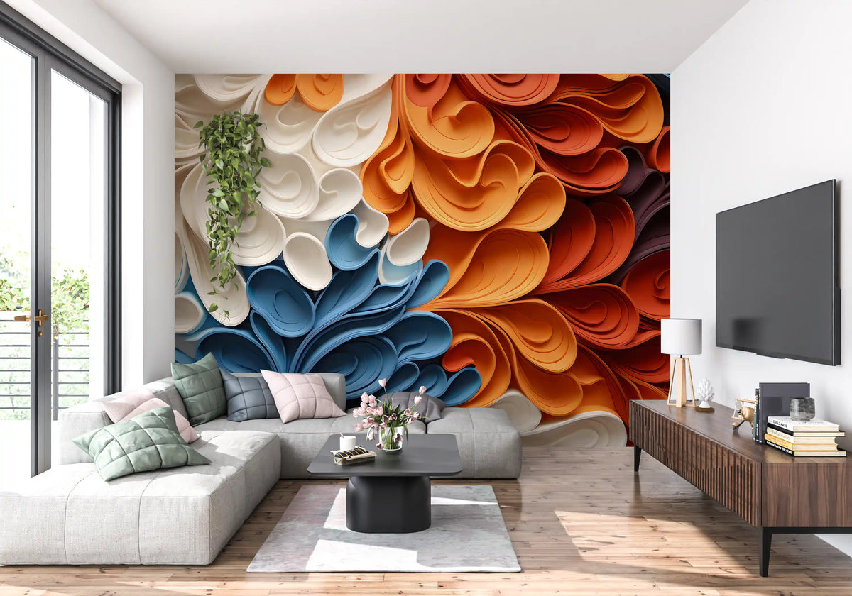 Papier peint panoramique mural artistique aux vagues tourbillonnantes et vibrantes