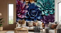 Mural de Parede Floral Escultural em Camadas com Tons de Joias