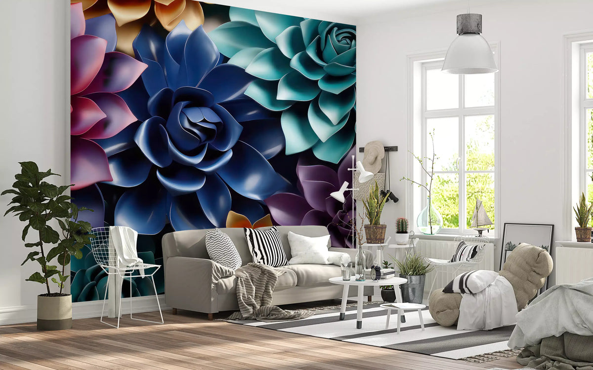 Mural de Parede Floral Escultural em Camadas com Tons de Joias