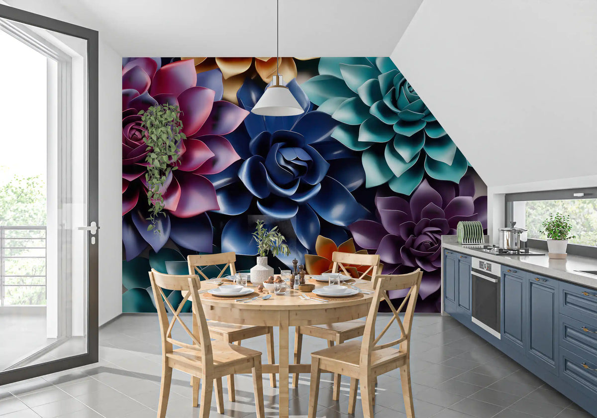 Mural de Parede Floral Escultural em Camadas com Tons de Joias