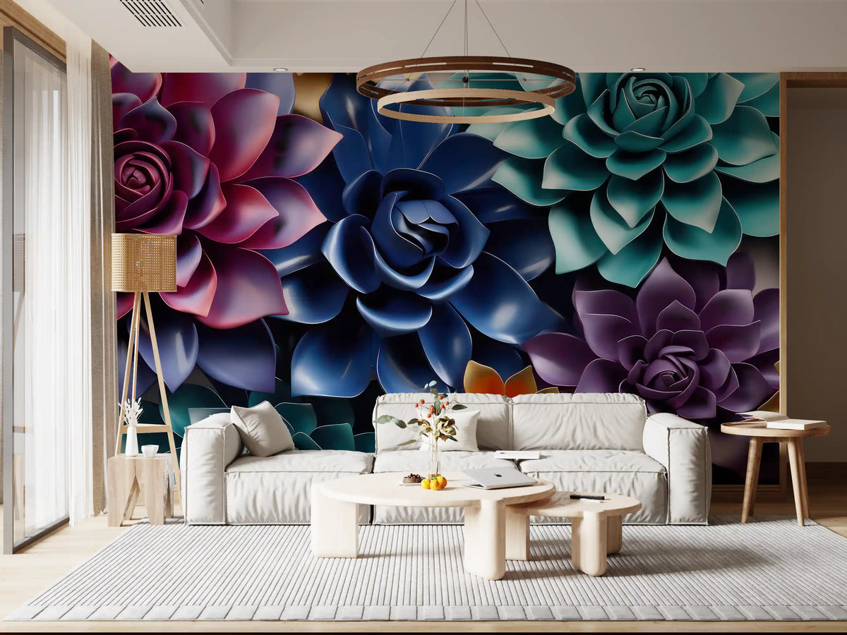 Mural de Parede Floral Escultural em Camadas com Tons de Joias