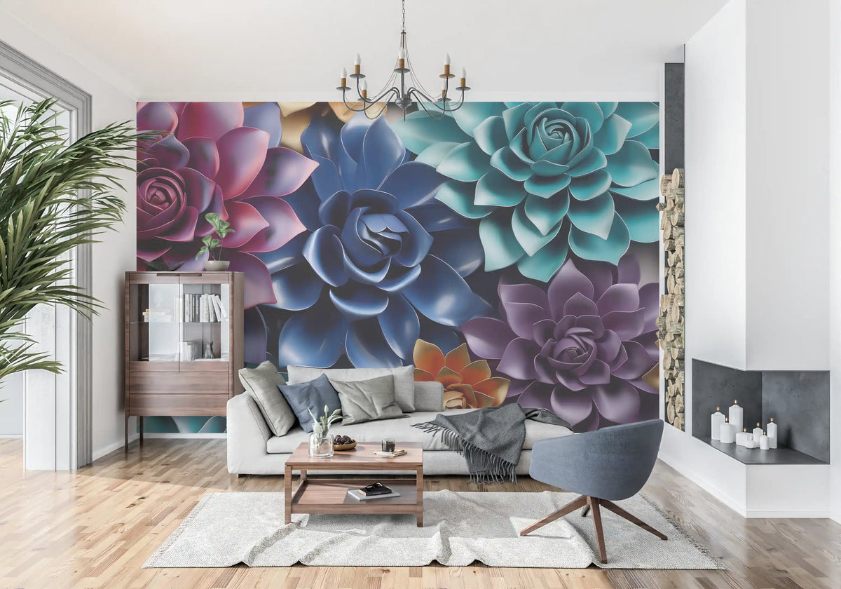Mural de Parede Floral Escultural em Camadas com Tons de Joias