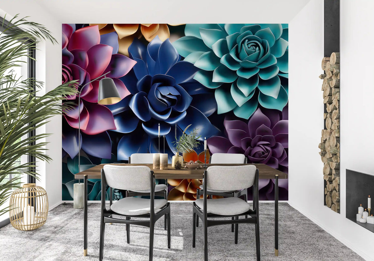Mural de Parede Floral Escultural em Camadas com Tons de Joias