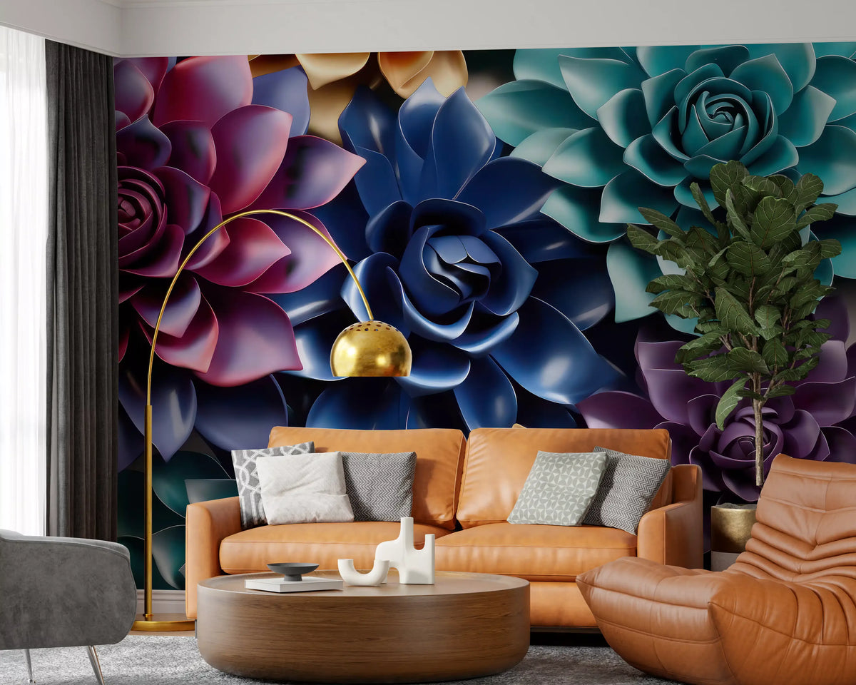 Mural de Parede Floral Escultural em Camadas com Tons de Joias