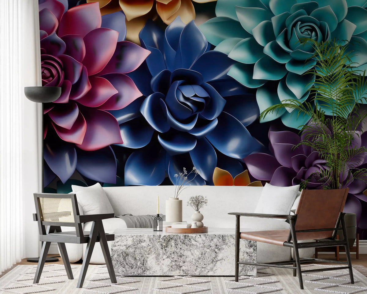 Mural de Parede Floral Escultural em Camadas com Tons de Joias