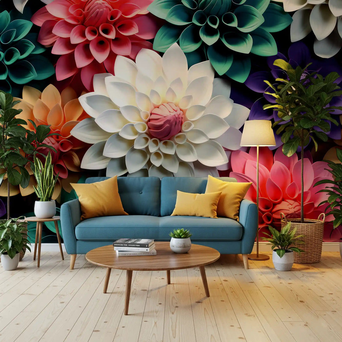 Abstrakte Wandbildkomposition mit geschichteten Blütenblättern und botanischen Elementen