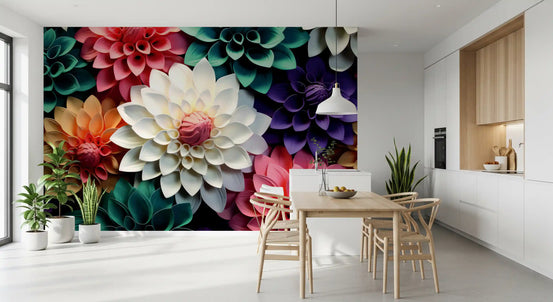 Papier peint panoramique mural avec composition botanique abstraite en pétales superposés