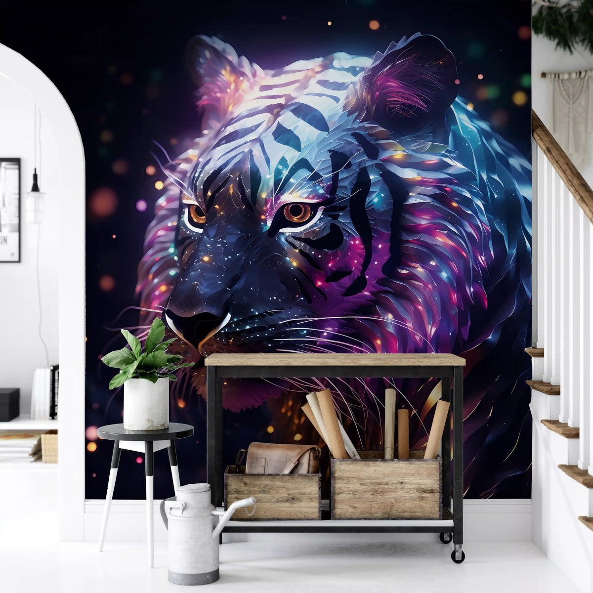 Papier peint panoramique mural représentant un tigre galactique néon