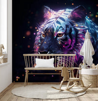 Papier peint panoramique mural représentant un tigre galactique néon