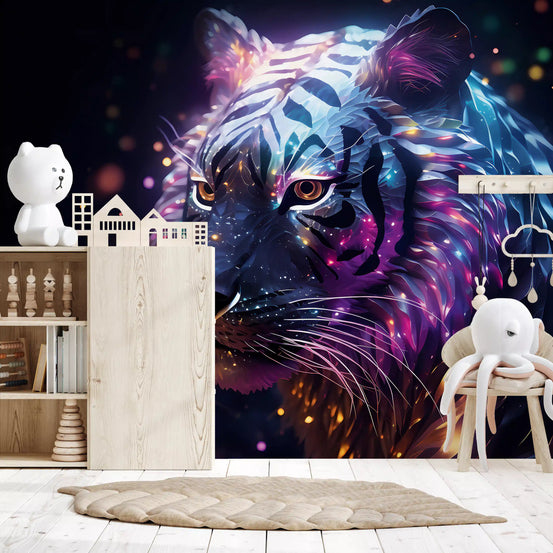 Papier peint panoramique mural représentant un tigre galactique néon