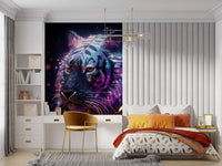 Papier peint panoramique mural représentant un tigre galactique néon