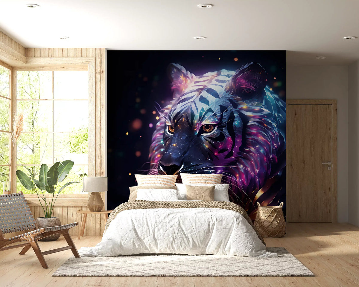 Papier peint panoramique mural représentant un tigre galactique néon