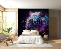 Papier peint panoramique mural représentant un tigre galactique néon
