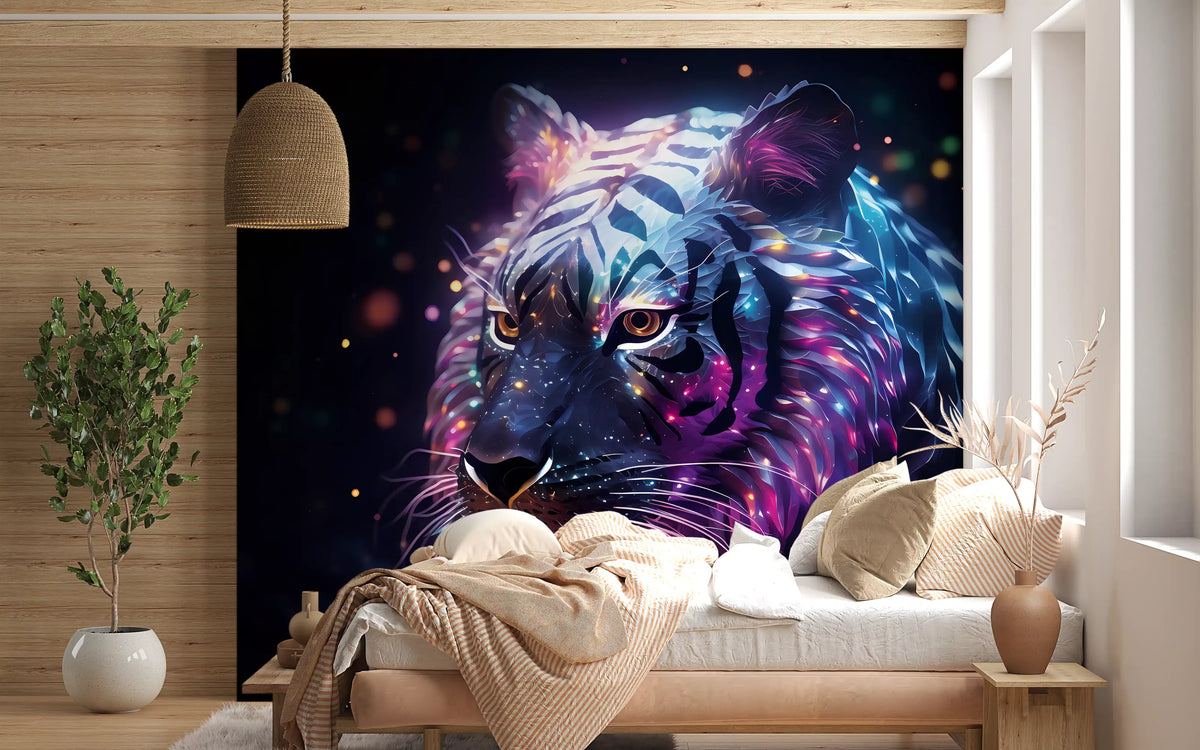 Papier peint panoramique mural représentant un tigre galactique néon