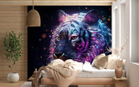 Papier peint panoramique mural représentant un tigre galactique néon