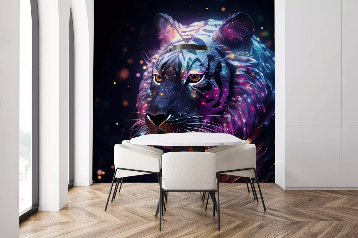 Papier peint panoramique mural représentant un tigre galactique néon