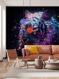 Papier peint panoramique mural représentant un tigre galactique néon