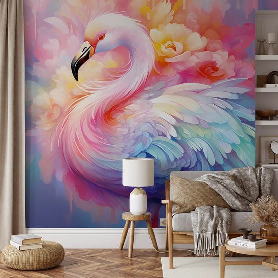 Papier peint panoramique mural représentant un flamant rose éthéré au milieu de fleurs pastel