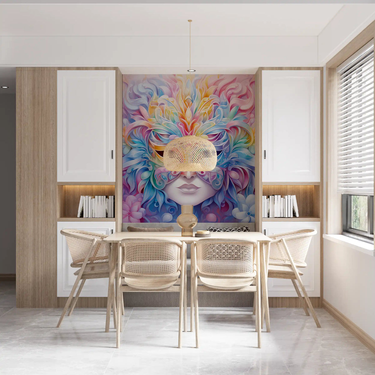Wandbild mit pastellfarbenem Blumenmaskenmotiv