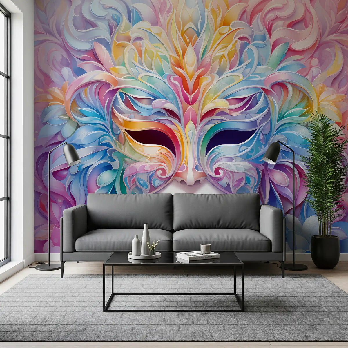 Wandbild mit pastellfarbenem Blumenmaskenmotiv