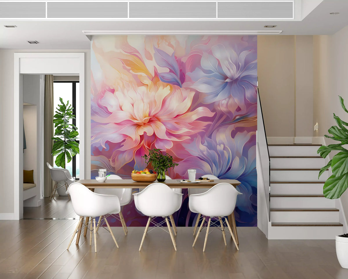 Etherele pastelkleurige bloemenmuurschildering