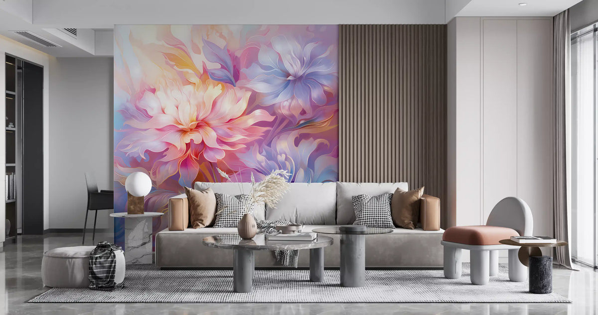 Etherele pastelkleurige bloemenmuurschildering