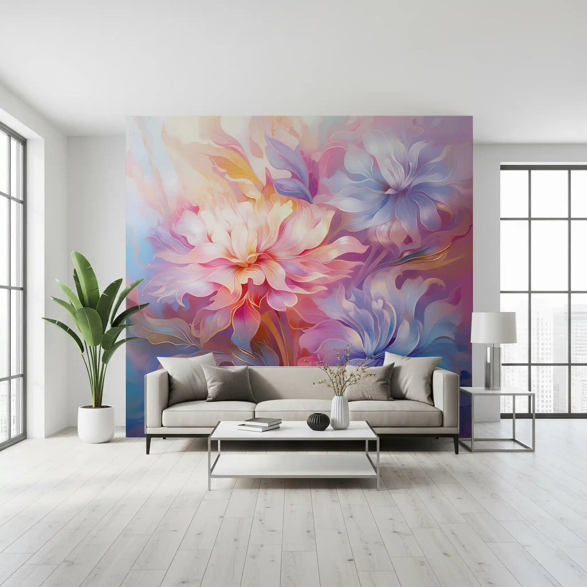 Etherele pastelkleurige bloemenmuurschildering