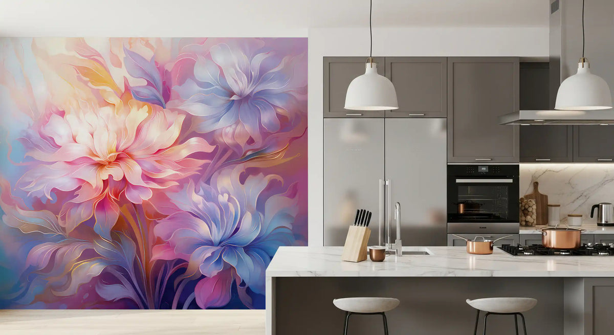Etherele pastelkleurige bloemenmuurschildering