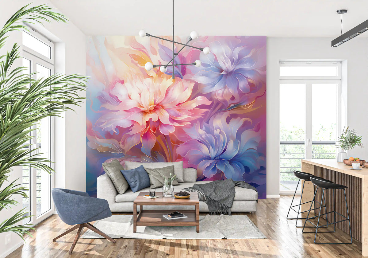 Etherele pastelkleurige bloemenmuurschildering