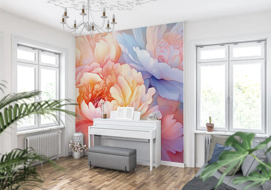Mural de pared con ilustración floral de peonías de ensueño
