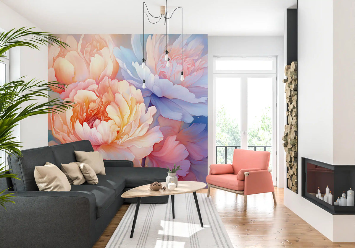 Verträumtes Wandbild mit einer Pfingstrosenblüten-Illustration