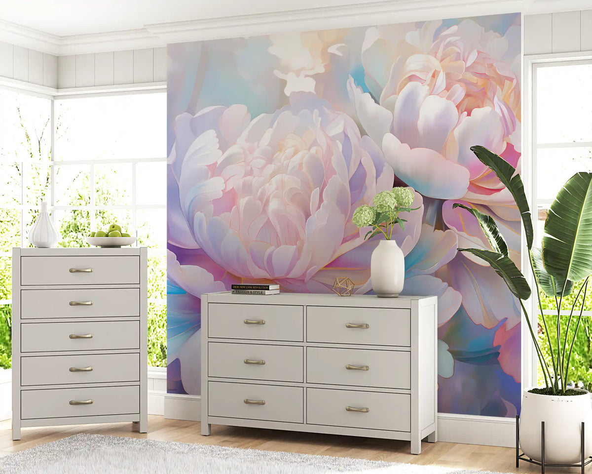 Abstraktes Wandbild mit botanischen Pfingstrosenblättern