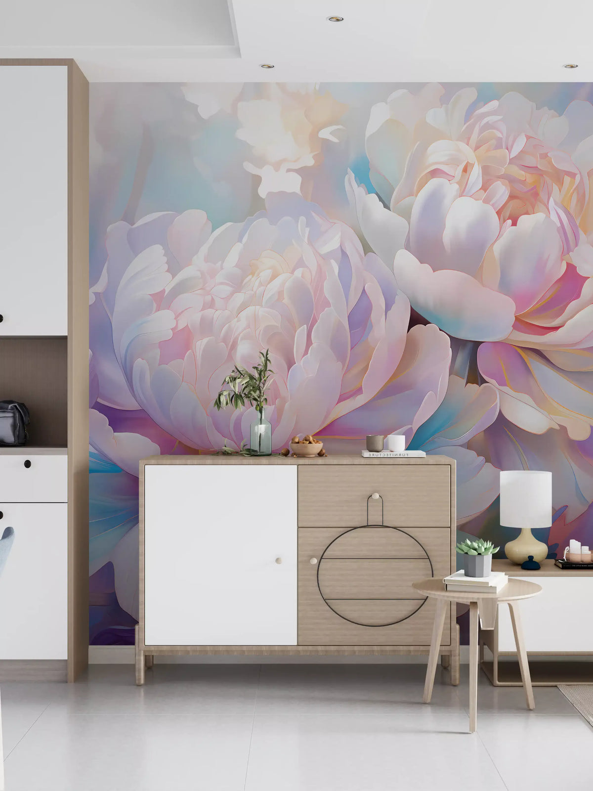Abstraktes Wandbild mit botanischen Pfingstrosenblättern