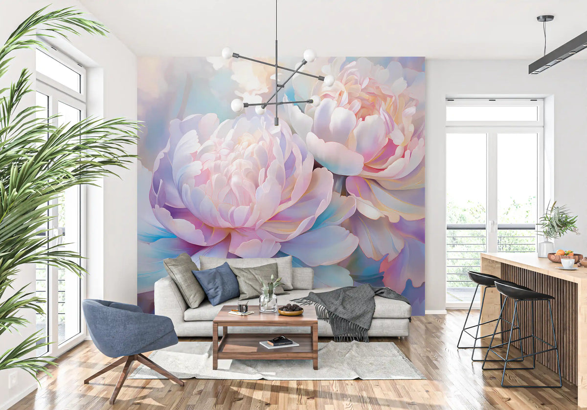 Abstraktes Wandbild mit botanischen Pfingstrosenblättern