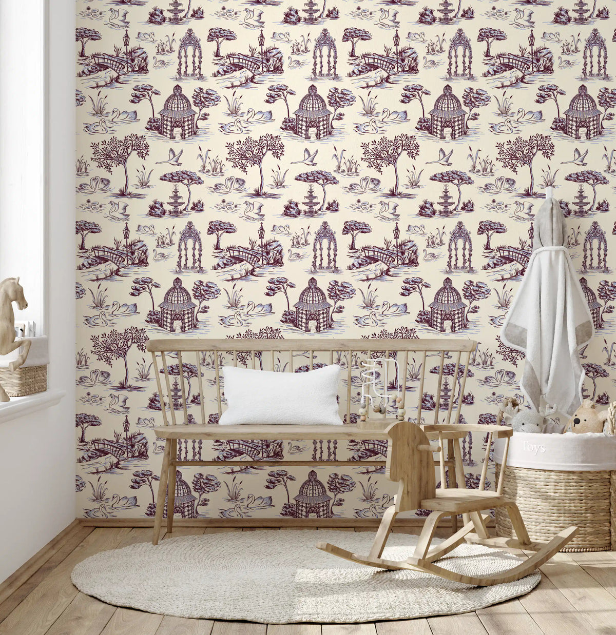 Papier peint représentant un jardin victorien avec cygne, en toile de Jouy moderne, scène contrastée inattendue