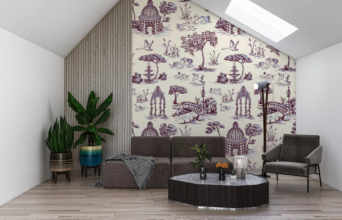 Papier peint représentant un jardin victorien avec cygne, en toile de Jouy moderne, scène contrastée inattendue