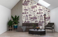 Papier peint représentant un jardin victorien avec cygne, en toile de Jouy moderne, scène contrastée inattendue