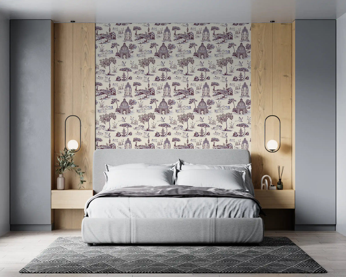 Papier peint représentant un jardin victorien avec cygne, en toile de Jouy moderne, scène contrastée inattendue