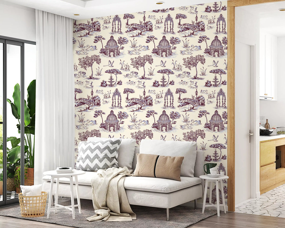 Papier peint représentant un jardin victorien avec cygne, en toile de Jouy moderne, scène contrastée inattendue